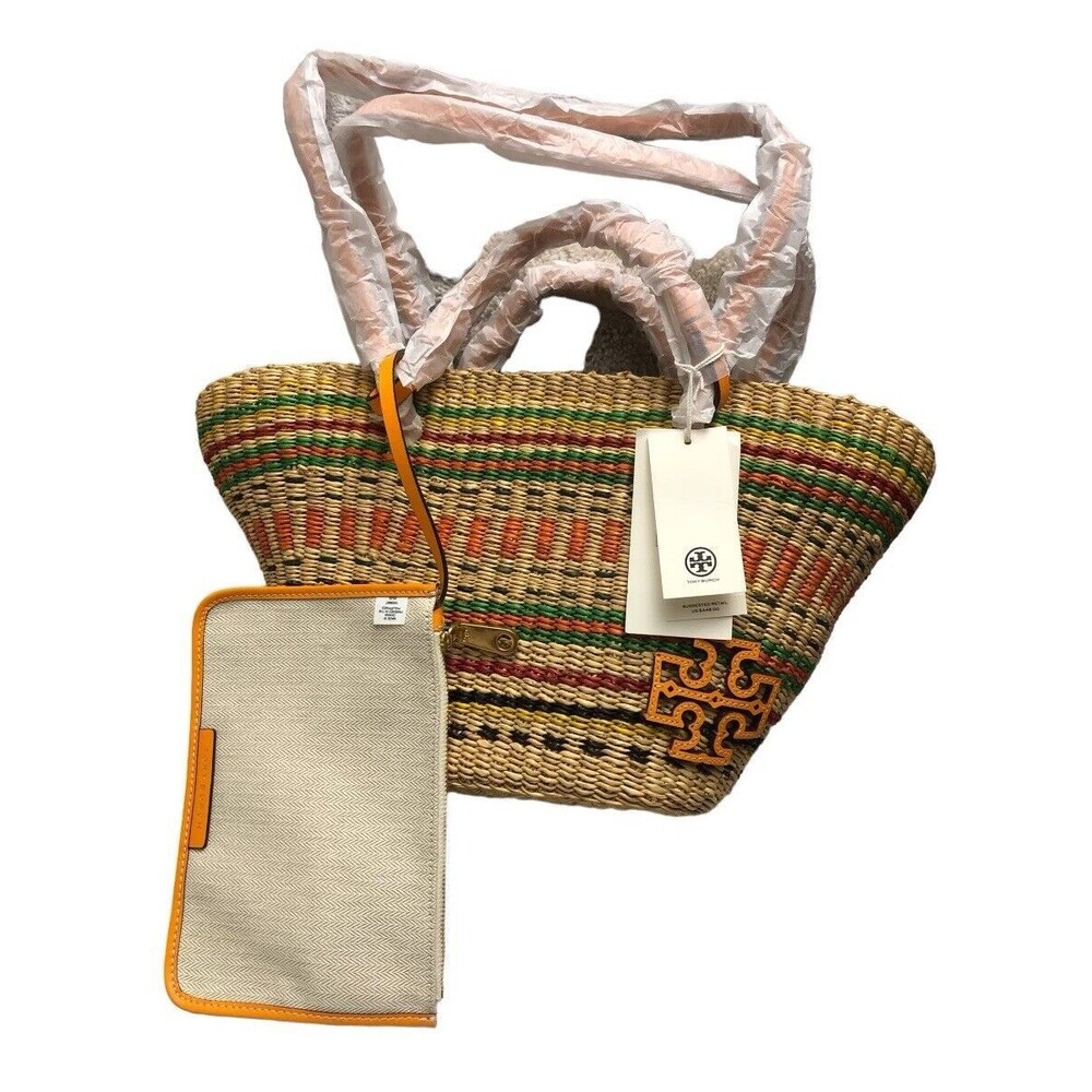 Tory Burch Ella Straw Striped Raffia Basket Tote Vacation Orange Slice New w/tag